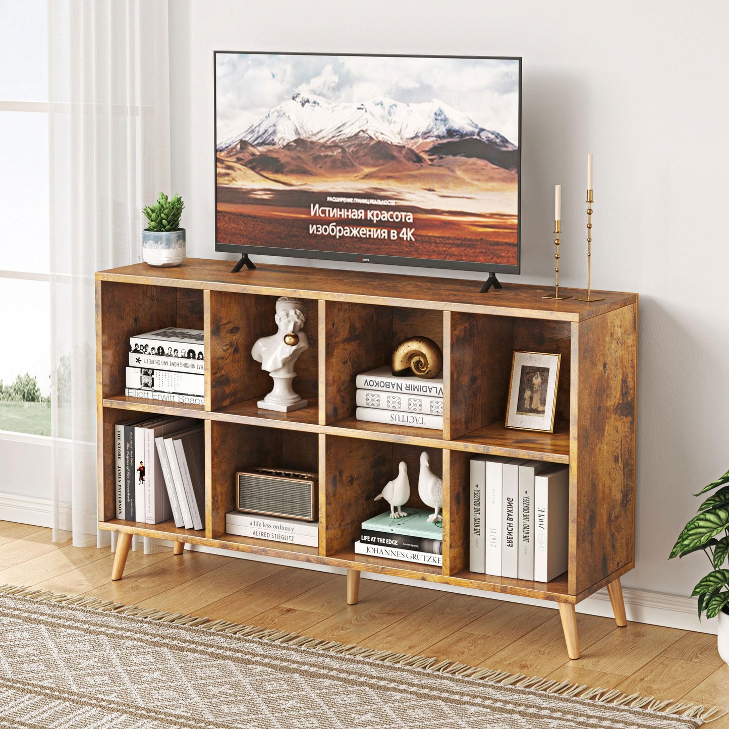 Flrrtenv 8-Cube Bookshelf 2 Tier Retro Bookcase with Legs, 120cm Wood Bookshelves Storage Organizer Shelf