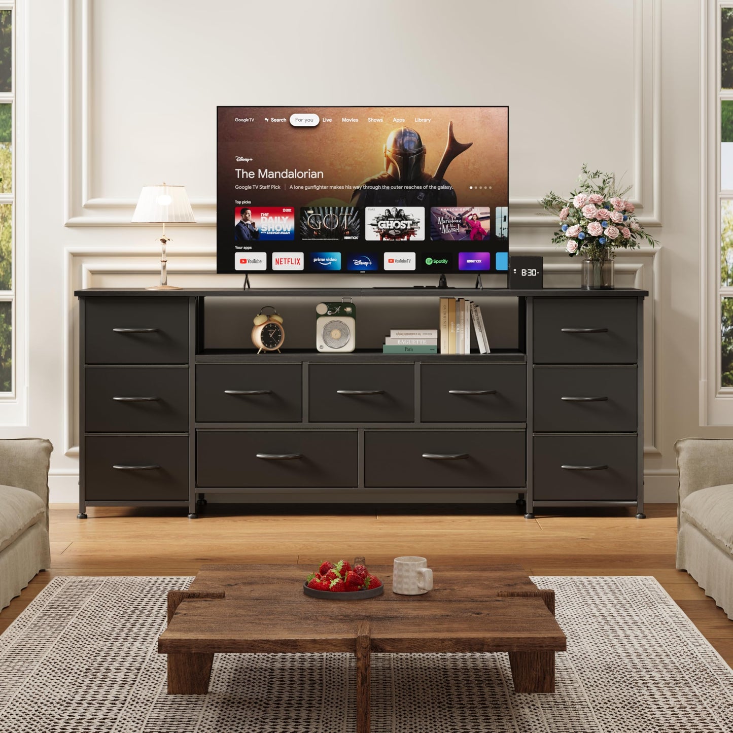 VERMESS 63" Tv Cabinet, Dresser for Bedroom with 11 Fabric Drawers, TV Stand with Power Socket for TVs up to 70", TV Units for Living Room, Bedroom