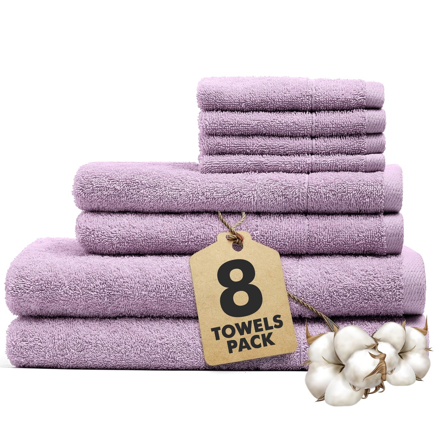 Novo Home Bath Towels Set of 8 ? 100% Cotton Lilac Towel Set Bale Includes 2 Bath, 2 Hand, 4 Face Towels ? Soft, Absorbent & Quick Dry Towel for