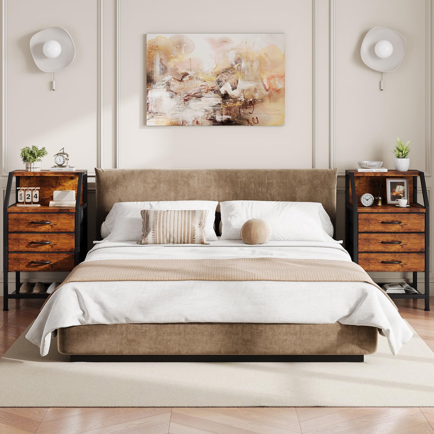 Feonase Bedside Table Wide with 3 Fabric Drawers & Open Shelf Suitable For Bedroom Bed Side Tables, Sofa Side Tables