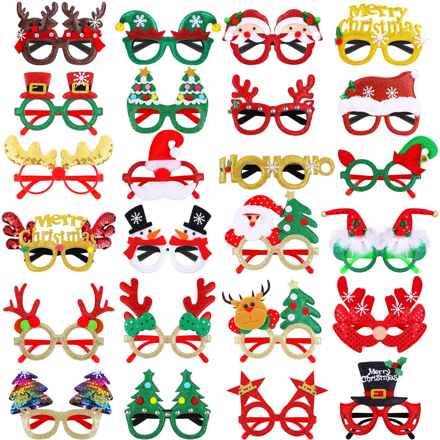 Fovths 24 Pieces Christmas Glitter Eyeglasses Christmas Eyewear Frame Party Accessory Supplies Antlers Reindeer Snowman Shape for Xmas Holiday Party