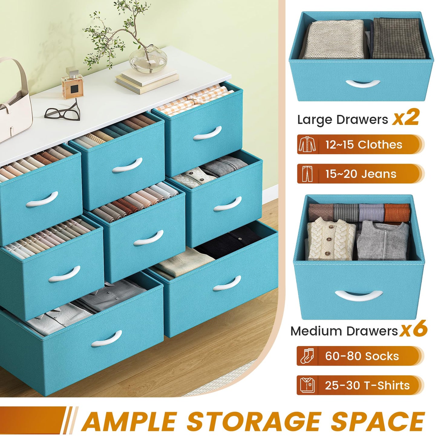 GoaHi Chest of Drawers, Fabric Dressers with Metal Frame and MDF Wooden Top Board, Adjustable Feet, Anti-Tip Safety