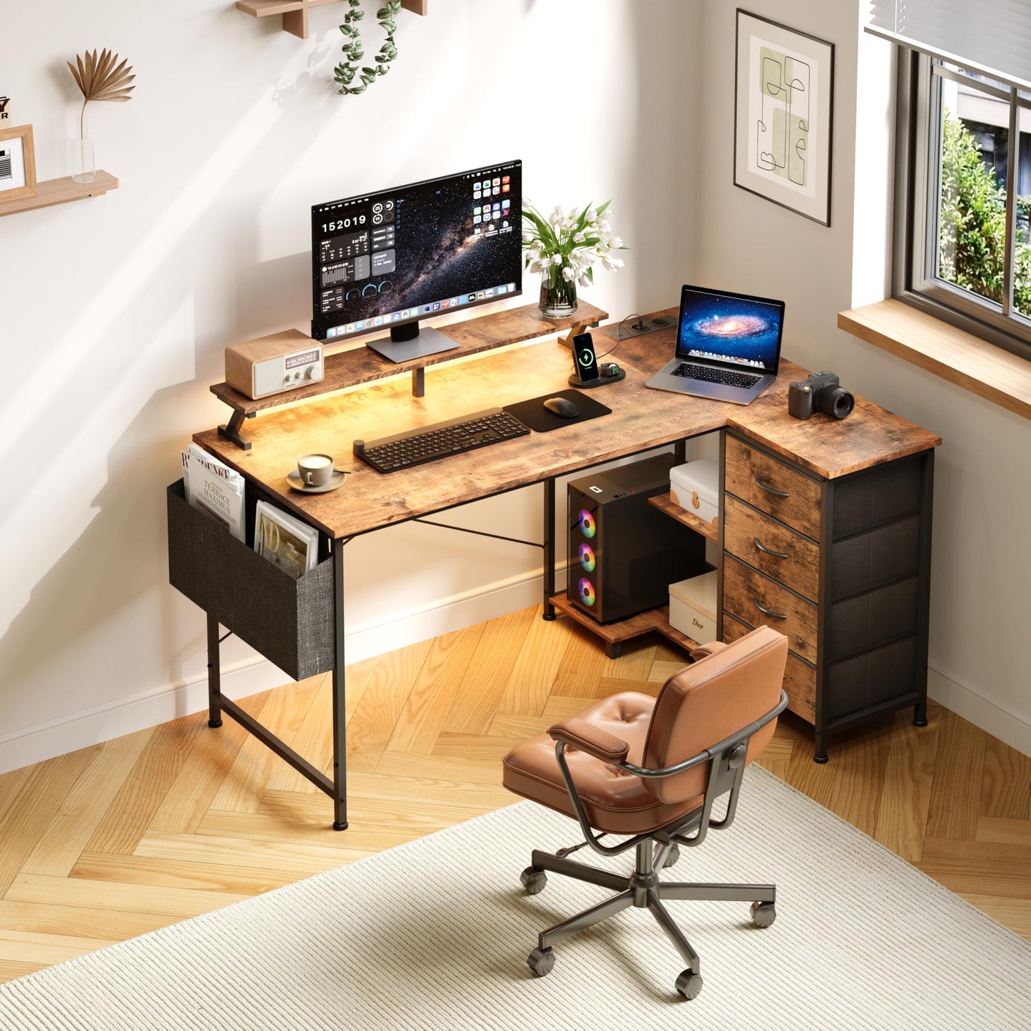 CAIYUN Corner Desk with 4 Fabric Drawers, 120 x 90 cm, L Shape Reversible Desk with USB Charging Port and Socket