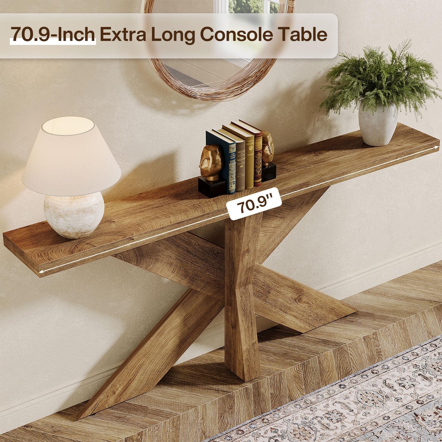 Tribesigns 70.9 Inches Long Sofa Table Behind Couch, Farmhouse Console Entry Table with Wooden Geometric Base for Entryway, Living Room, Oak Brown