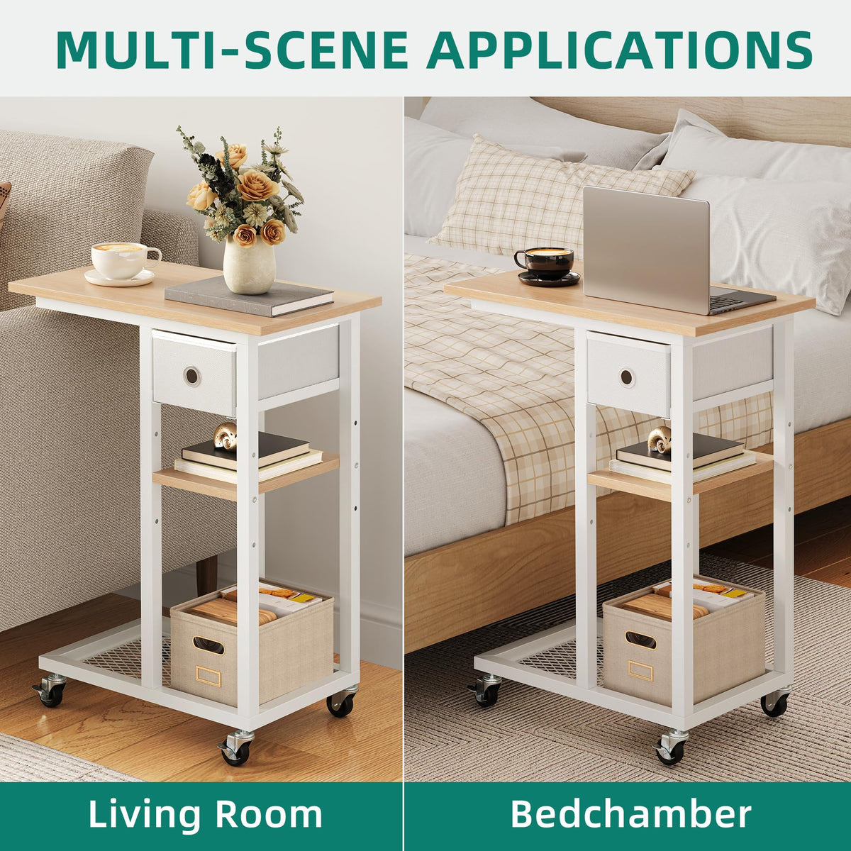 YITAHOME Bedside Table, C-Shaped Side Table with Fabric Drawer and Wheels