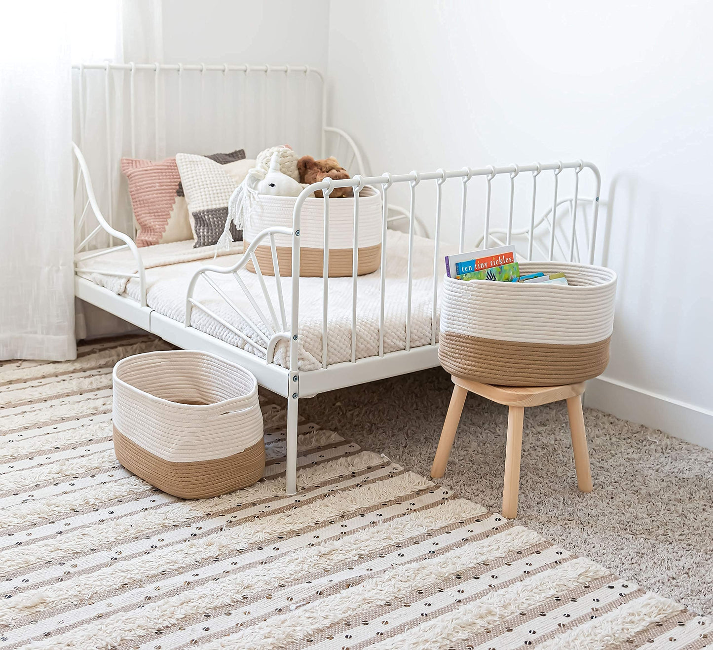 OrganiHaus Set of 3 Woven Basket for Shelves, Cotton Rope Baskets for Toy Storage, Bathroom Storage Basket, Blanket Basket for Living Room