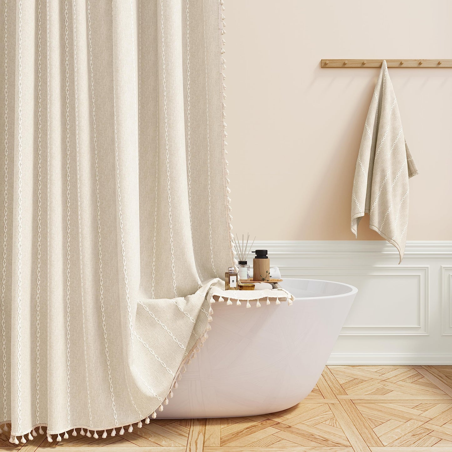 BTTN 122 x 182cm Boho Farmhouse Shower Curtain, Narrow Stall Mould Resistant Fabric Tassel Shower Curtains with 8 Plastic Hooks, Weighted Hem and