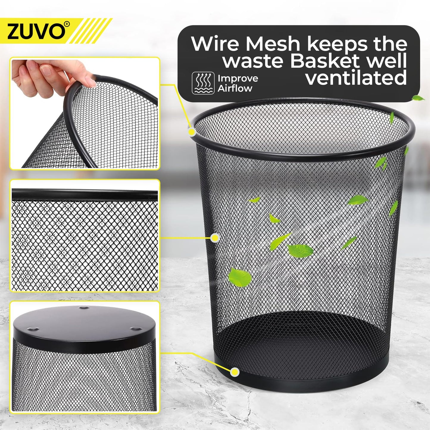 Zuvo Metal Mesh Waste Paper Bin, Small Bedroom & Office Bin, Black