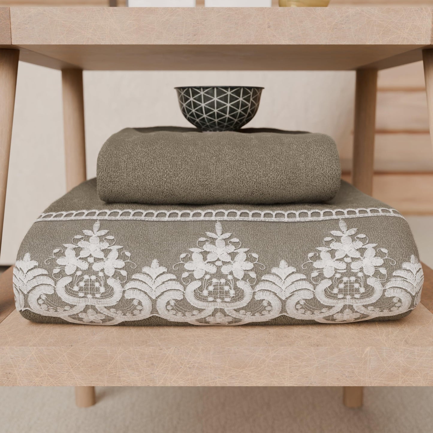 PETTI Artigiani Italiani - 100% Cotton Terry Bath Towels, 1+1 Towel Set, 2 Pieces 1 Face Towel and 1 Hand Towel, Mud