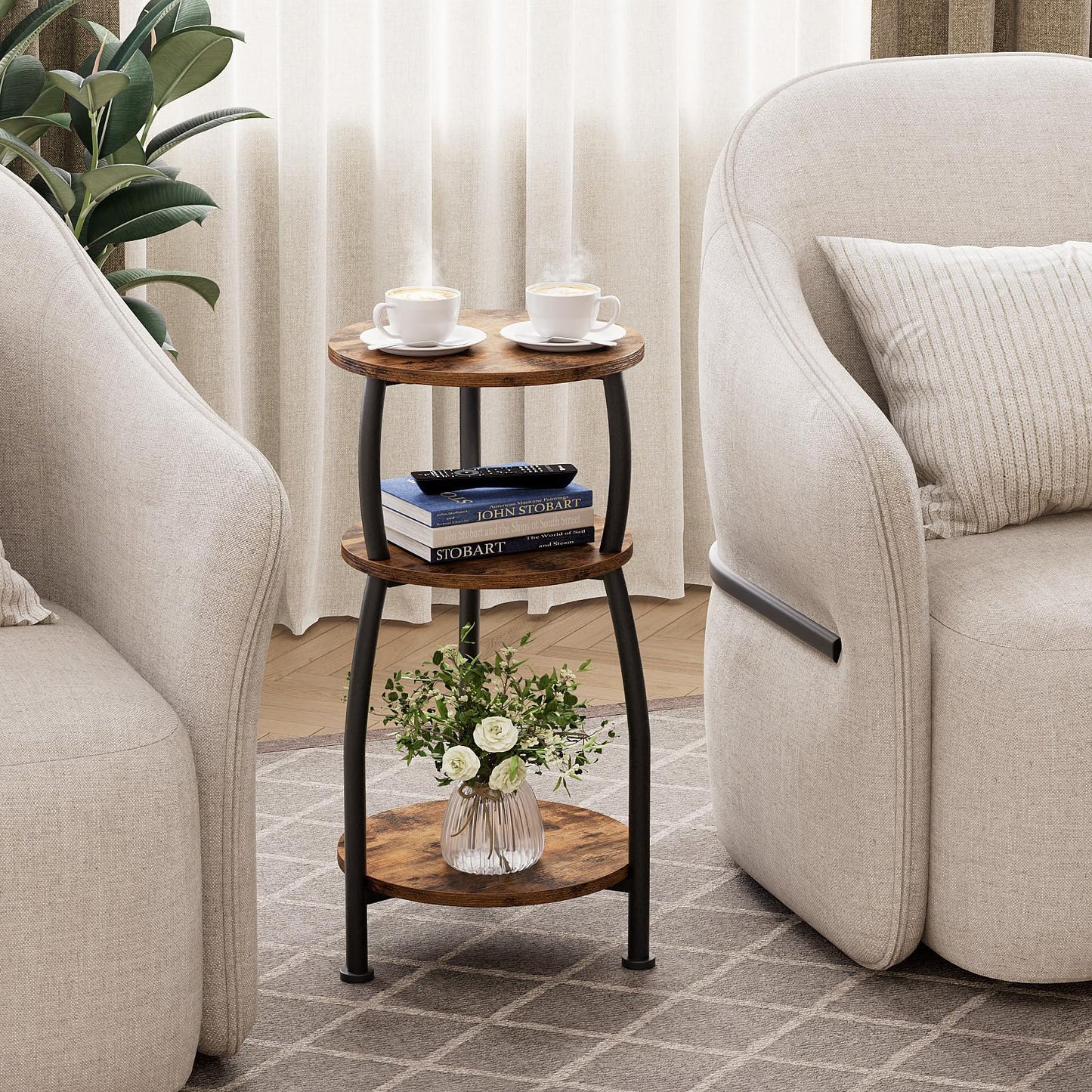 Yuede Round Side Table, 3 Tier Slim Round Coffee Table, Small End Table with Storage Shelf, Bedside Table, for Living Room, Bedroom, Small Space