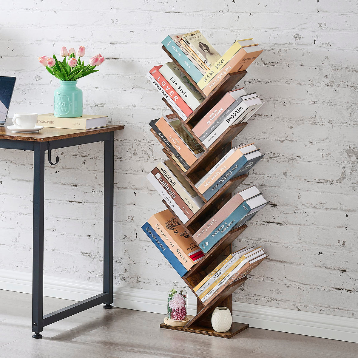 Hoctieon 10 Tier Tree Bookshelf, 10 Shelf Bookcase, Free Standing Tree Bookcase, Display Floor Standing Shelf for Books