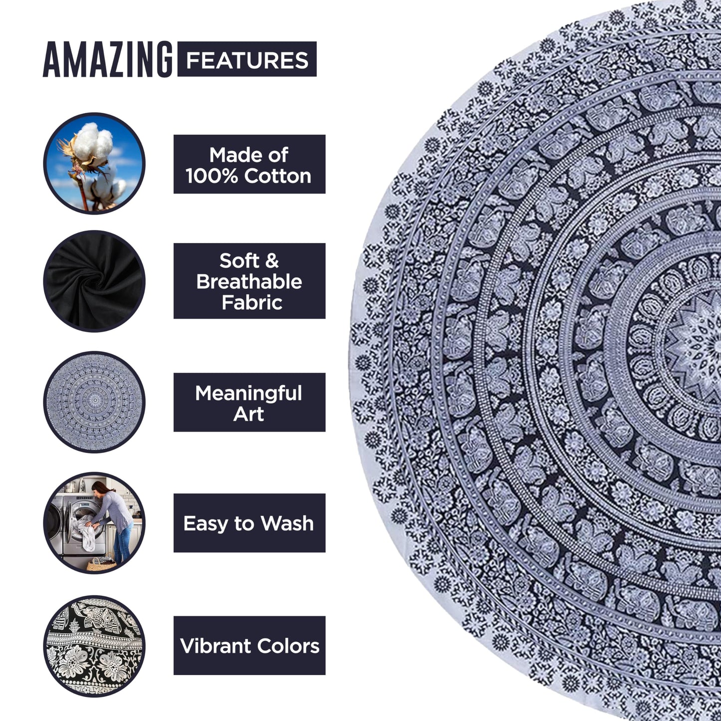 raajsee Black White Round Beach Tapestry Hippie/Boho Beach Blanket Mandala/Indian Cotton Throw