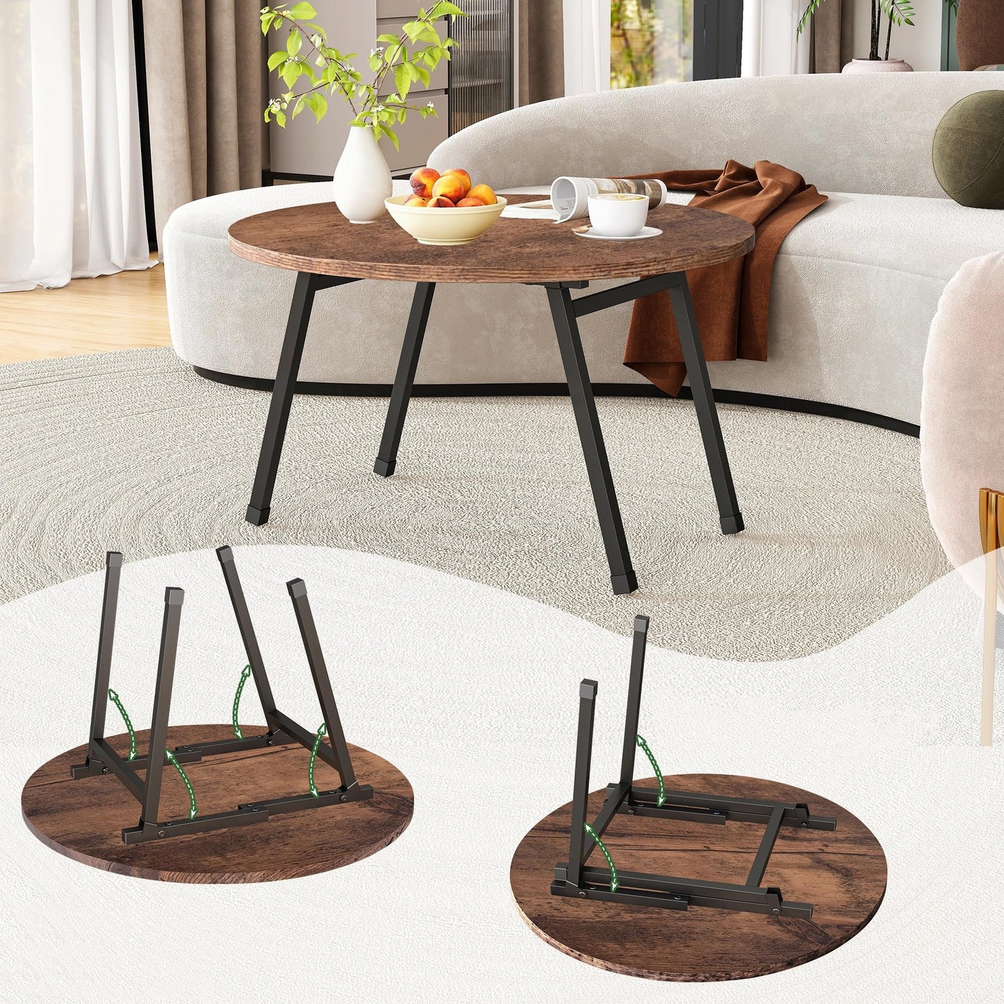 BOPRHOM Folding Coffee Table,Small Foldable Round Coffee Tables for Living Room/Bedroom,Portable Floor Table Tea Table Sofa Side Table Center Table