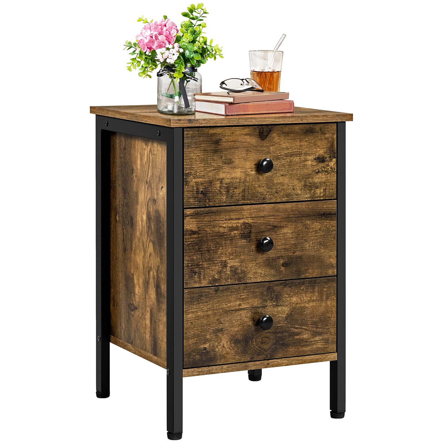Yaheetech 3-Drawer Bedside Table, Wooden Nightstand Storage Unit, Bedside Cabinet with Metal Frame, Sofa End Side Table for Living Room/Bedroom/Small