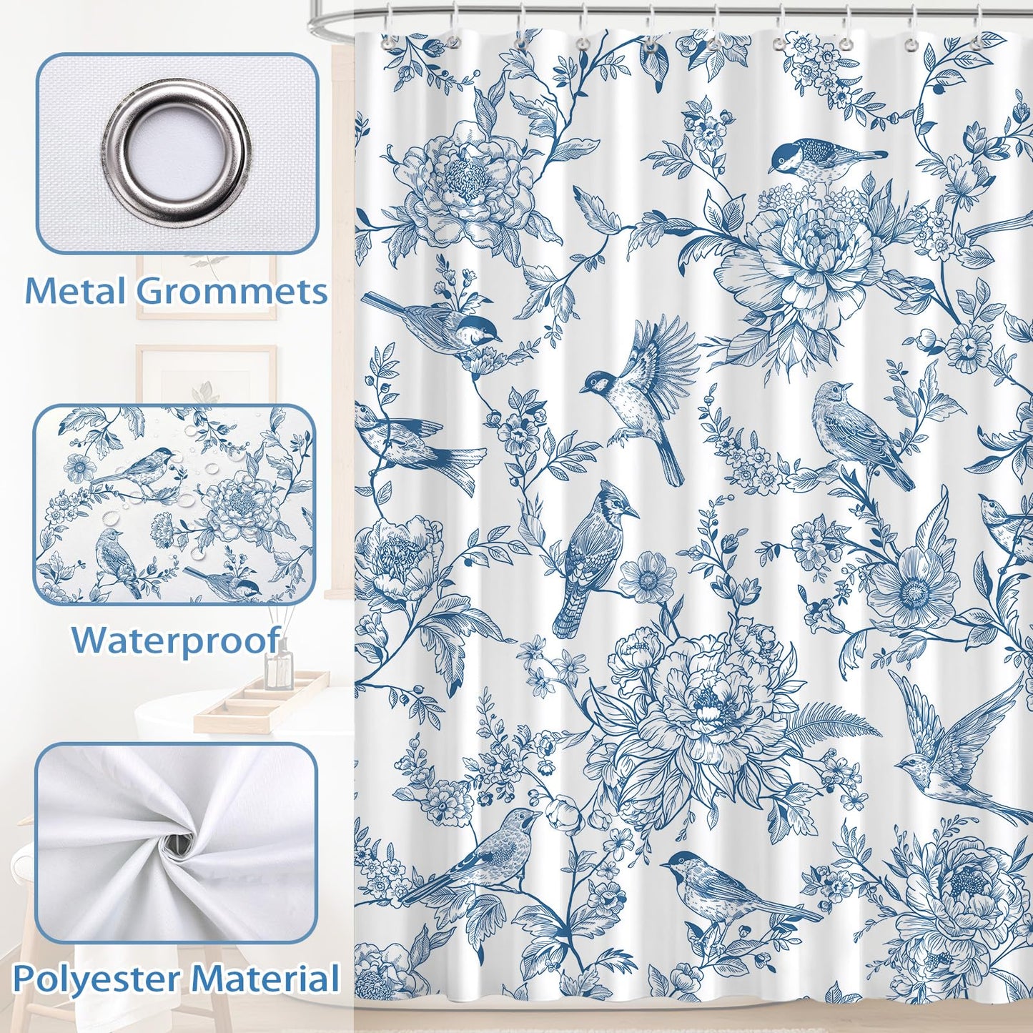 hometrixx Farmhouse Vintage Blue Floral Birds Shower Curtain 180x200cm