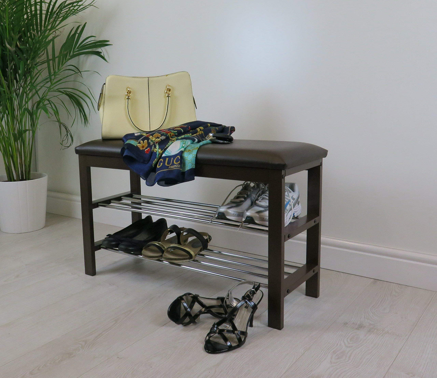 ASPECT 3-Tier Storage Shoe Rack/Bench with Seat Cushion (Brown), 80 x 30 x 49 cm