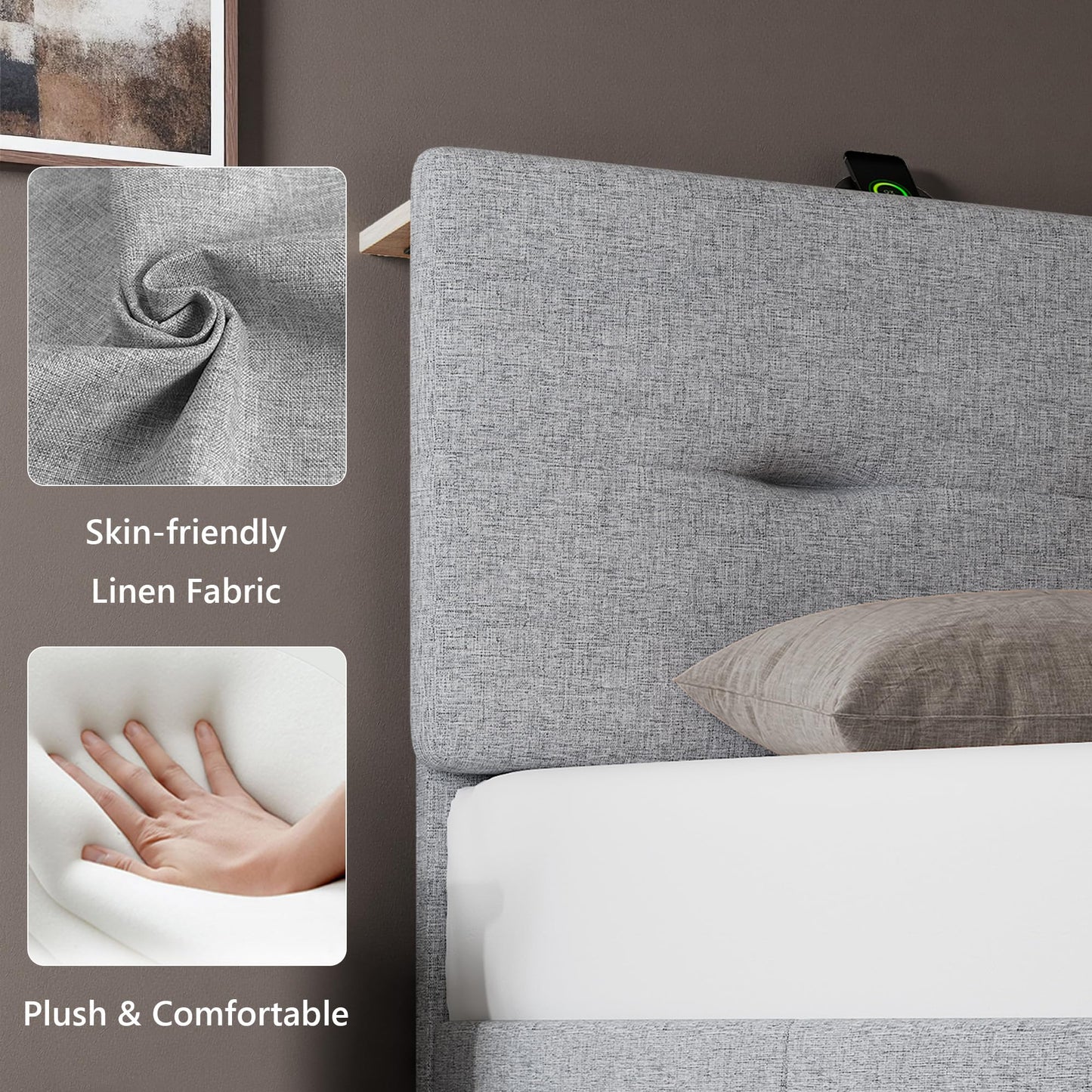 Feonase 4ft Double Bed Frame with Storage Linen Headboard, Upholstered Bedframe double bed with Charging Station, Sturdy Wooden Slat Support