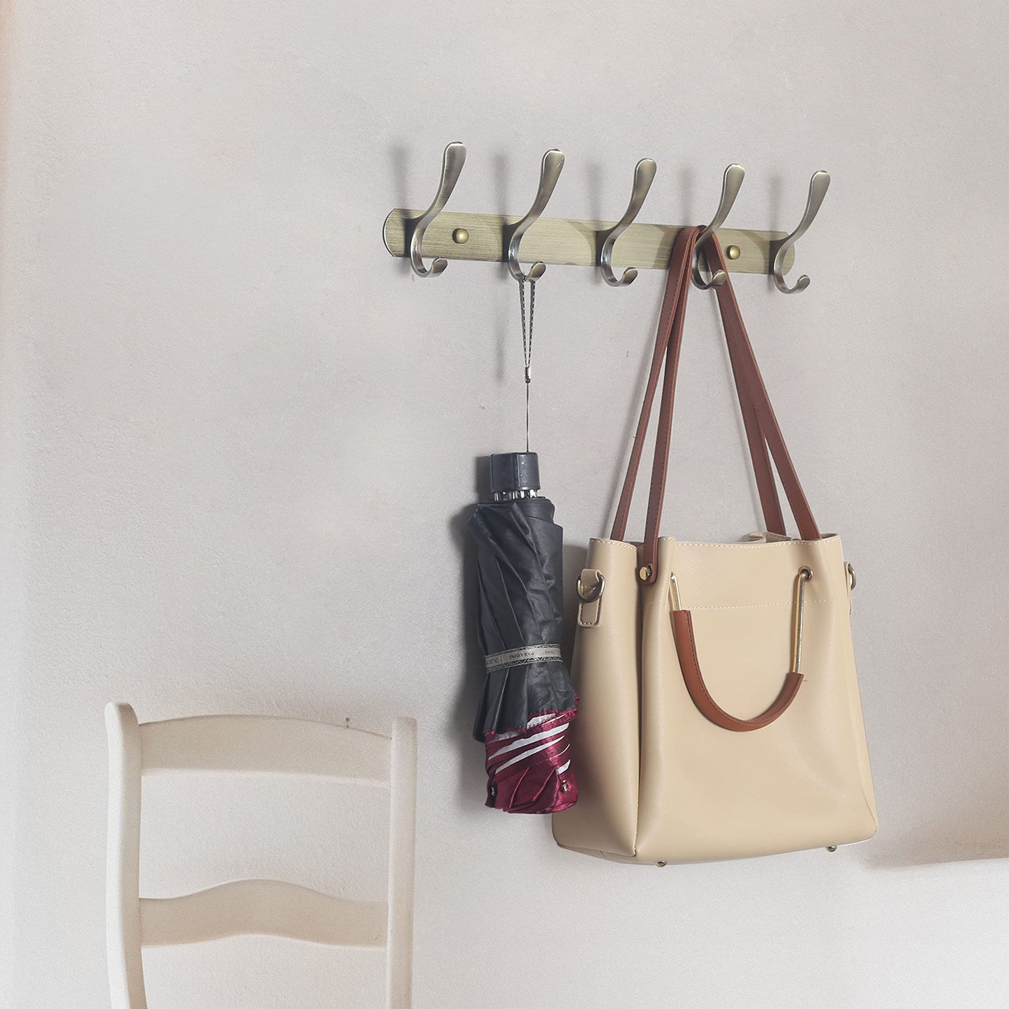 SKOLOO Coat Rack Wall Mount - Modern, Metal Wall Coat Rack with 5 Hooks, Sturdy Wall Hook Rack Rail for Hanging Coat, Jacket, Clothes, Hat, Bronze