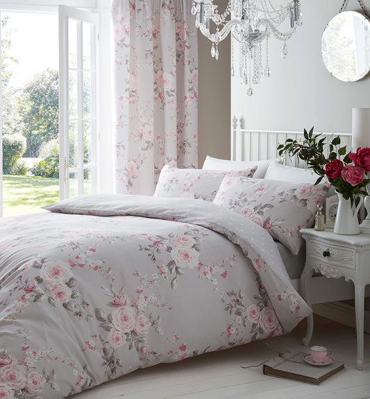 Catherine Lansfield Canterbury Floral 66x72 Inch Lined Eyelet Curtains Two Panels Grey