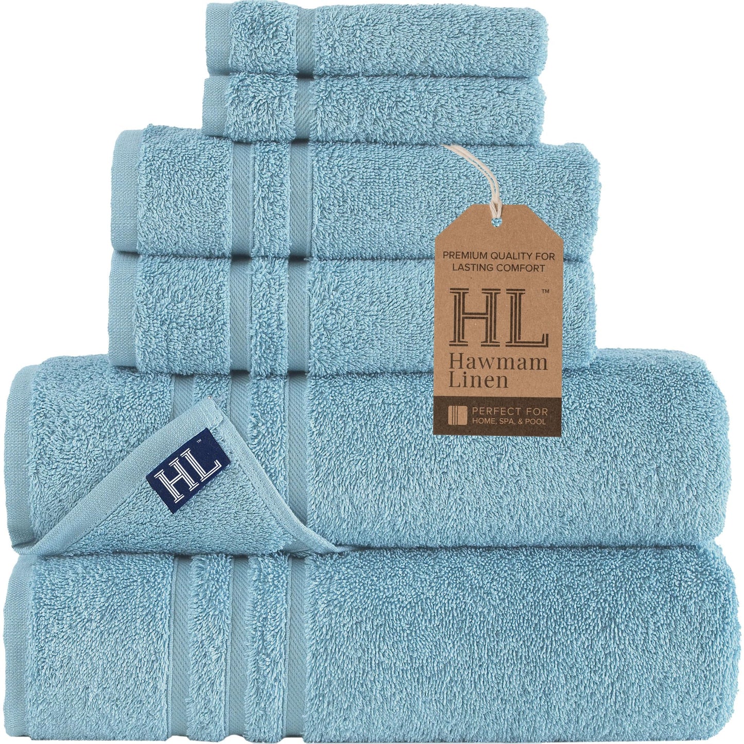 Hawmam Linen Light Blue 6 Piece Bath Towels Set for Bathroom Original Turkish Cotton Soft, Absorbent and Premium 2 Bath Towels, 2 Hand Towels, 2