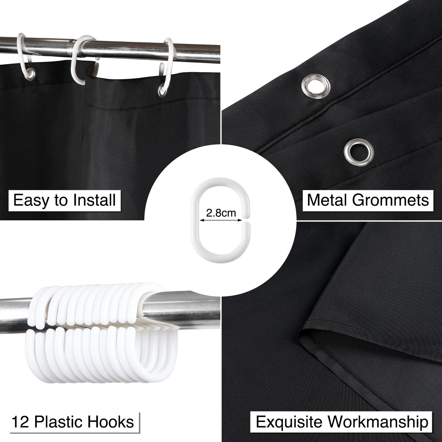WELTRXE Shower Curtain Mould Proof Mildew Resistant, 180x180cm Black Bathroom Curtain Set With Hooks, Weighted Hem