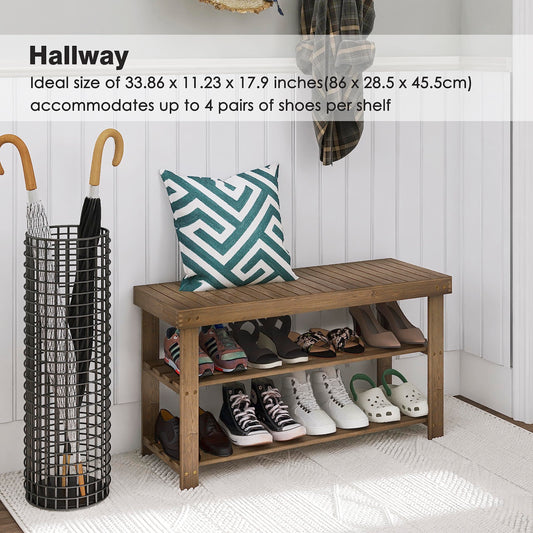 SMIBUY Bamboo Shoe Rack Bench, 3-Tier Shoe Organizer Storage Shelf for Entryway Hallway Bathroom Living Room (Walnut)