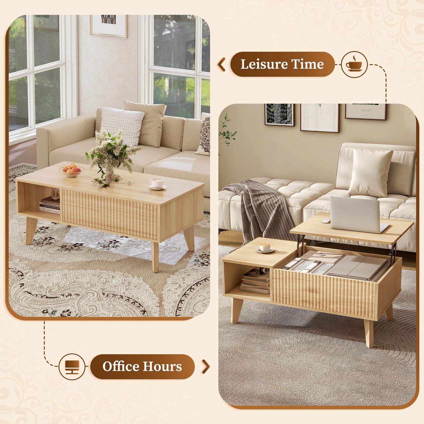LYNCOHOME Lift Up Coffee Table, Modern Oak Coffee Tables for Living Room, Square Coffee Table with Hidden Storage,Extendable Tabel,Wooden,Home