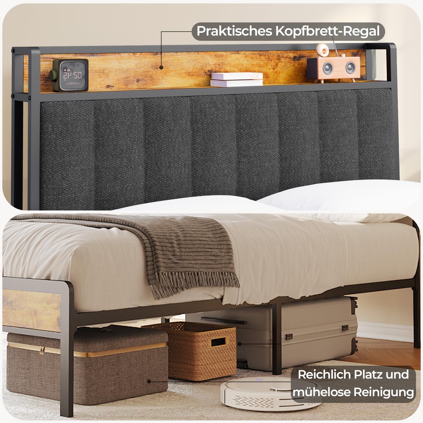 Blishom Padded Bed 120 x 200 cm with Container, Metal and Wood Bed, Single Bed with Padded Headboard and Metal Slats, Dark Grey