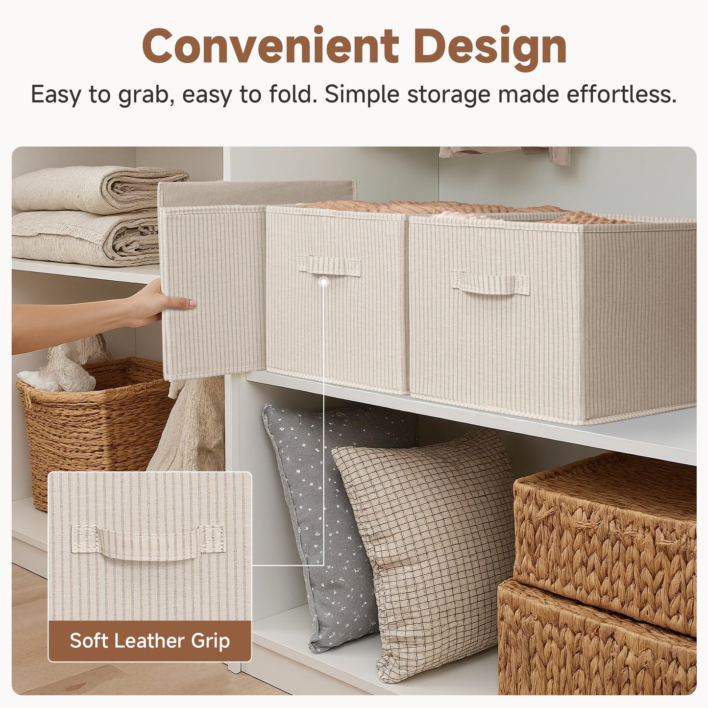 StorageWorks Large Storage Boxes for Wardrobe, Rectangular Storage Baskets for Shelves, Closet Organizers with Handles