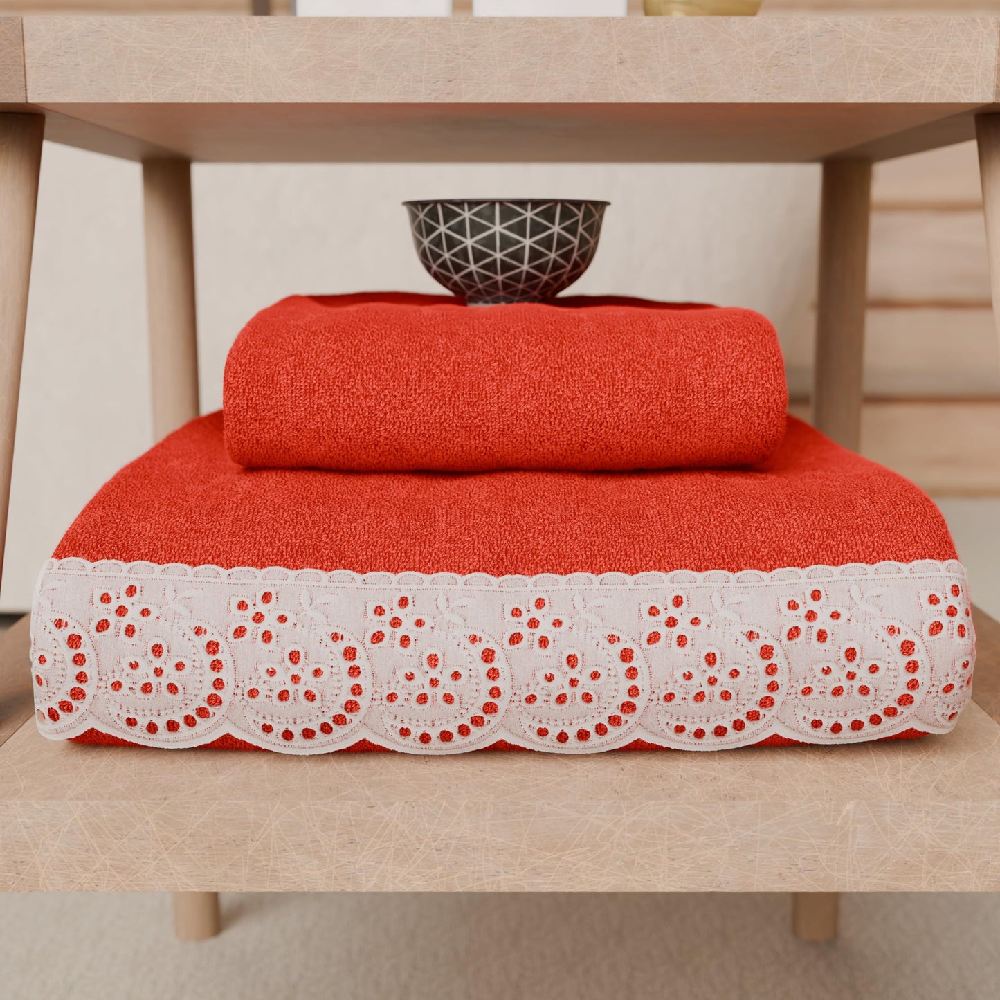 PETTI Artigiani Italiani - 100% Cotton Terry Bath Towels, 1+1 Towel Set, 2 Pieces, 1 Face Towel and 1 Hand Towel, Red
