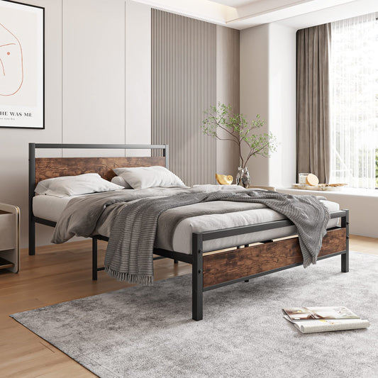 HOJINLINERO Double Bed Frame with Wooden Headboard,Heavy Duty Metal Platform Bed Frame Double Bed No Box Spring Needed,Mattress Base,Metal Slats