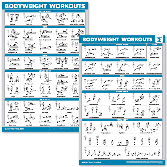 QUICKFIT 10 Pack - Exercise Workout Poster Set - Bodyweight Volume 1 & 2, Dumbbell, Suspension, Kettlebell, Resistance Bands, Stretching, Barbell,