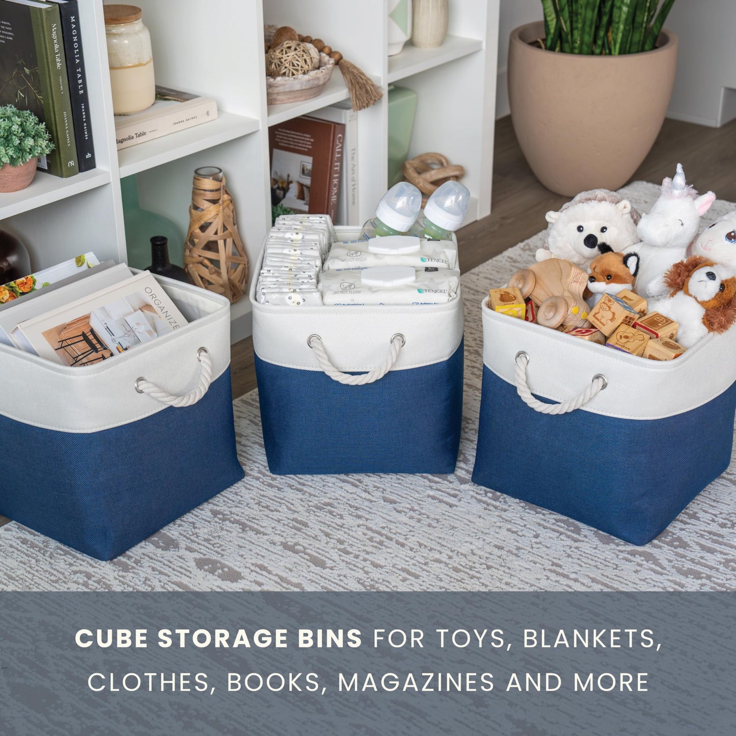 OrganiHaus Fabric Storage Boxes, Set of 3 Foldable 28x28 Cube Organiser Bins with Rope Handles for Shelves, Nursery & Closet