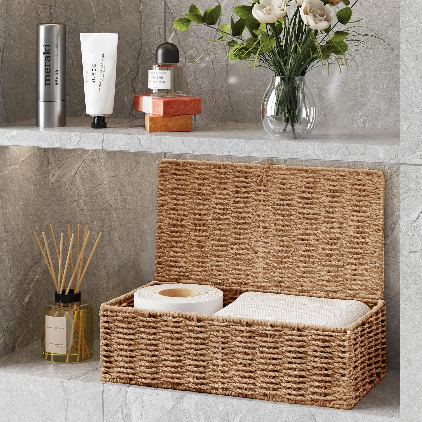 Vagusicc Storage Boxes with Lid, Handwoven Set of 2 Wicker Storage Baskets for Organizing, Nesting Storage Basket for Shelves
