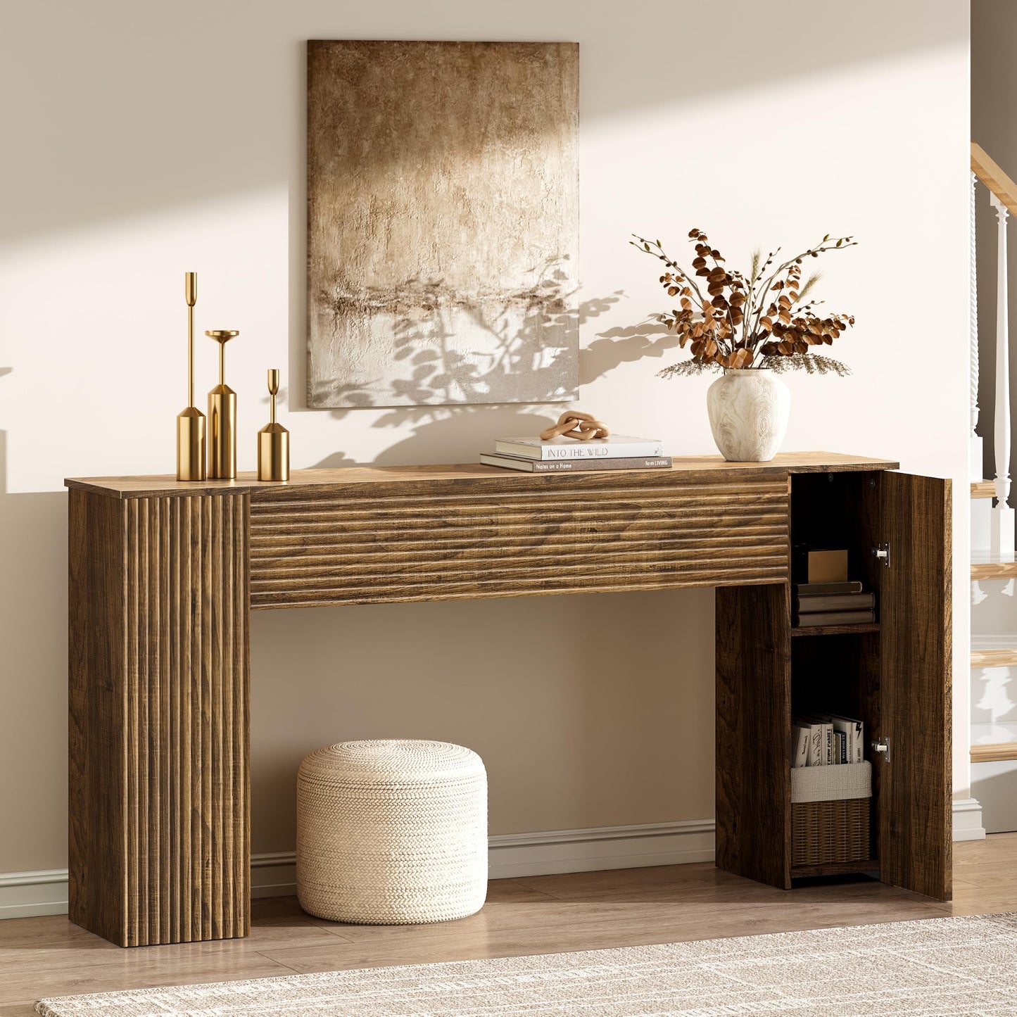 Mossora 155cm Brown Fluted Narrow Console Table with Storage Cabinets