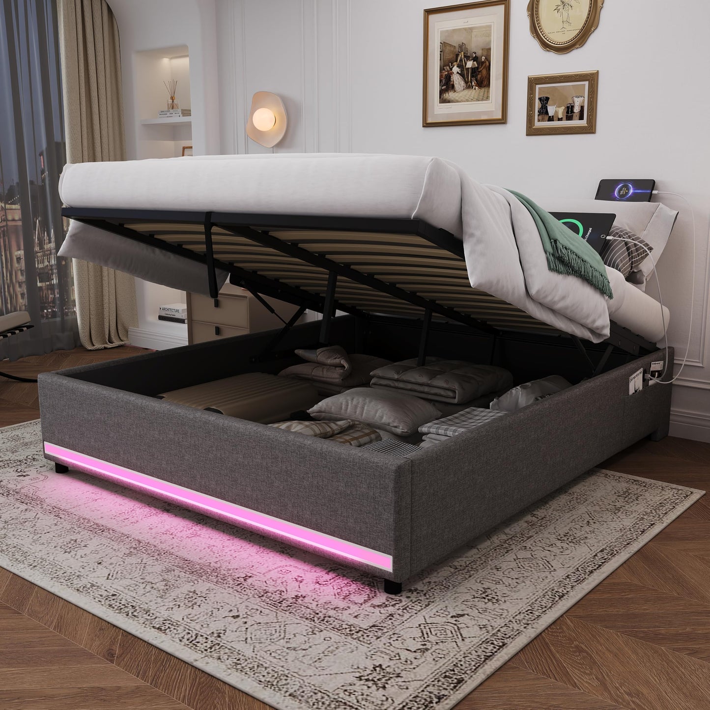 BTM 4ft6 Double Ottoman Storage Bed, No Headboard Linen Bed Frame with LED Lights, Charging, Side Pockets, Grey (No Mattress)