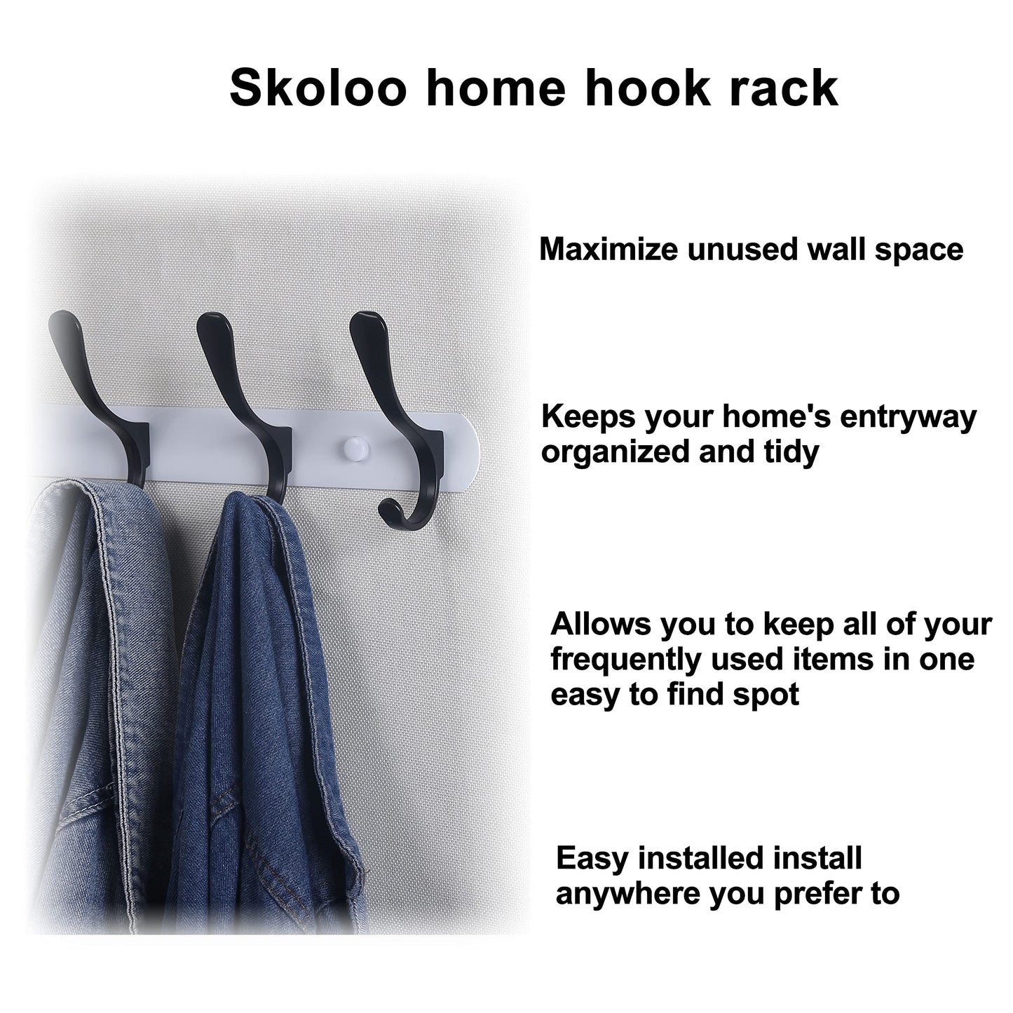 SKOLOO Modern Wall Coat Rack - Metal Mount With 5 Hooks, Sturdy Rail for Hanging Jackets, Clothes, Hats - Black on White