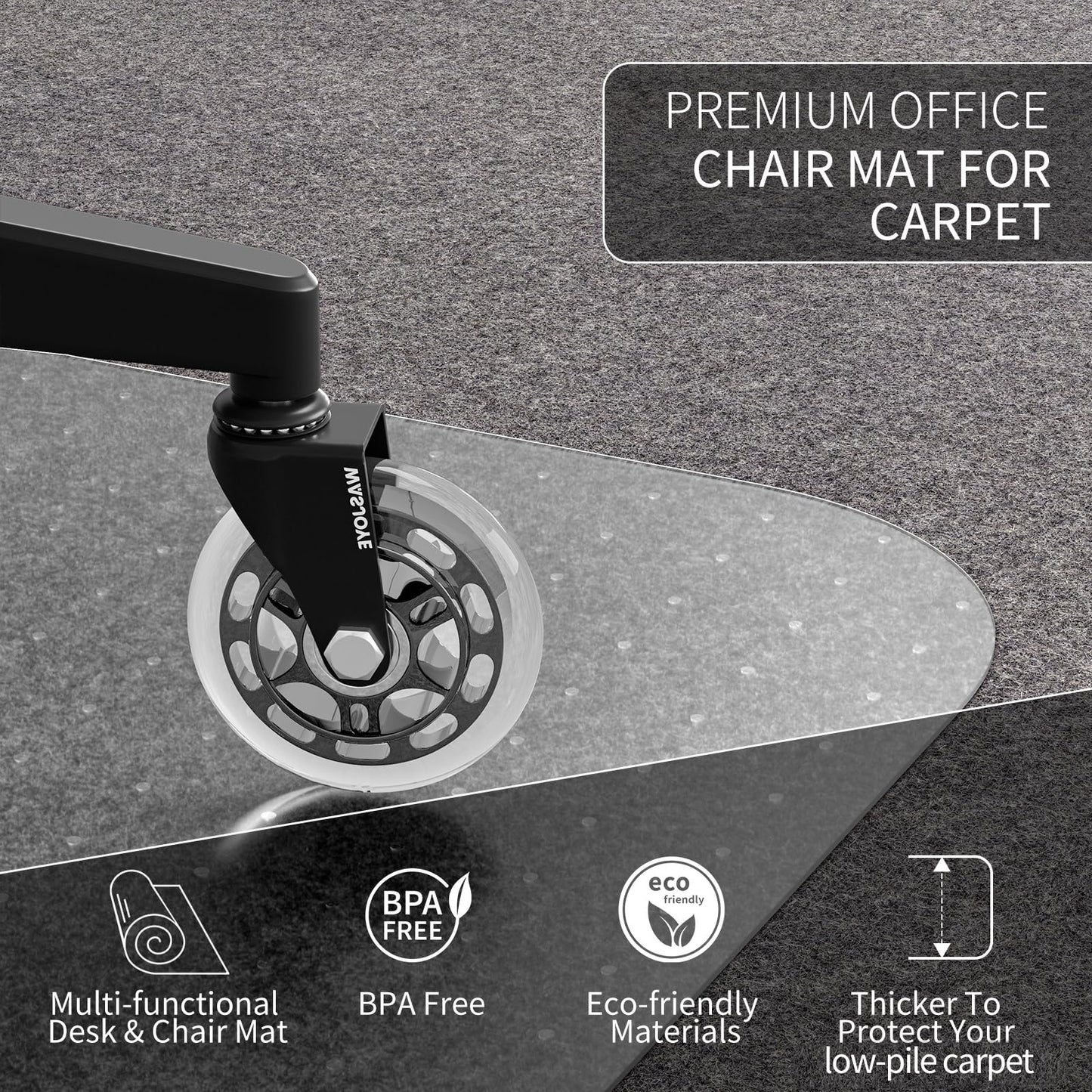 WASJOYE Office Chair Mat Carpet 90x120 cm Carpet Protector Non-slip PVC, Home Office Chair Floor Protectors, 2.2mm Thick