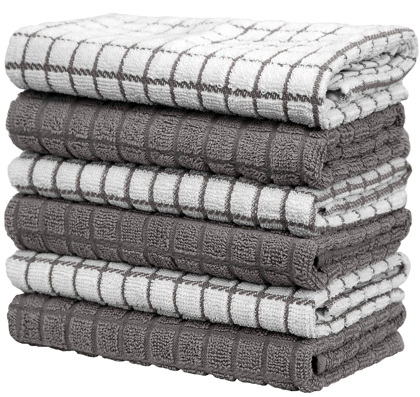 Bumble Kitchen Towels 16"x 28" | Highly Absorbent Dish Towels with Hanging Loop | Natural Ring Spun Cotton, 380 GSM | Gray Check Design - 6 Pack