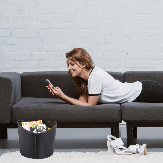 Relaxdays Faux Leather Firewood Basket, Sturdy Log Storage Bin with Handles, Size L, Black, Cardboard, 31.5 x 39.5 x 38 cm