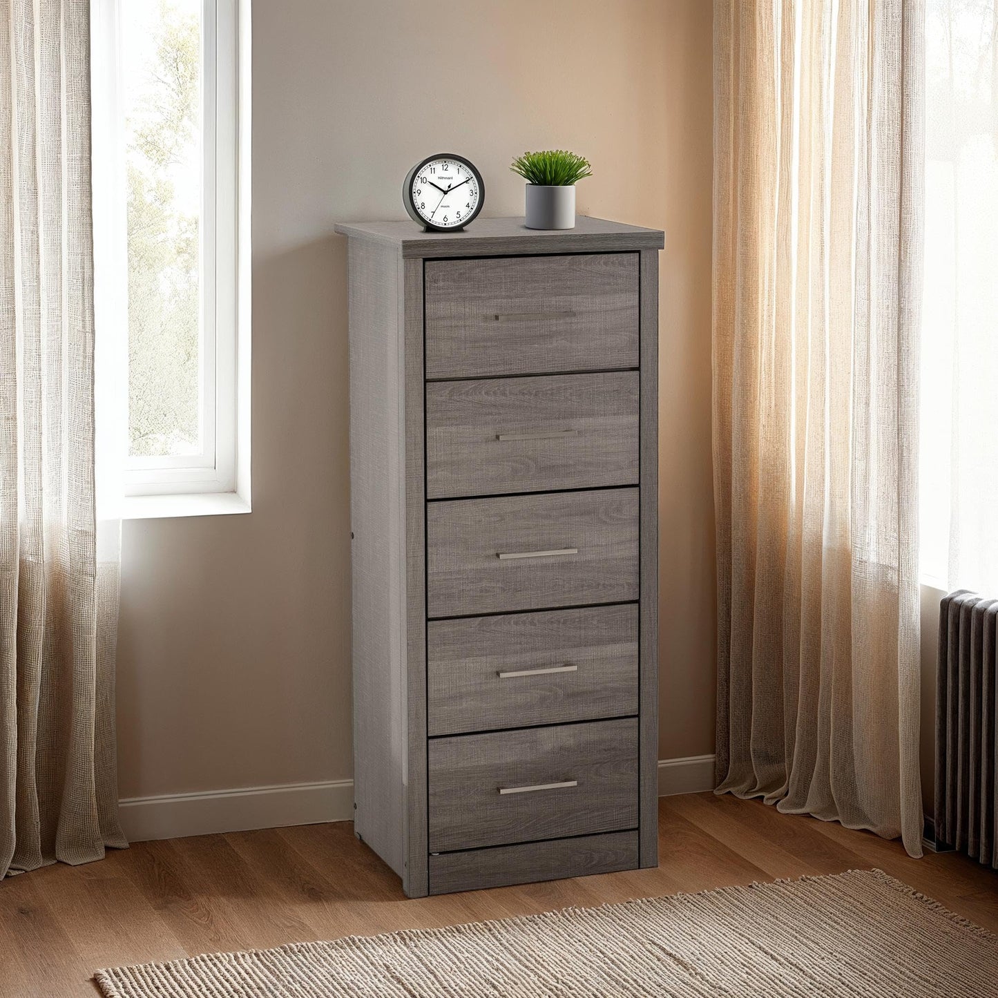 Seconique Lisbon 5 Drawer Narrow Chest in Black Wood Grain
