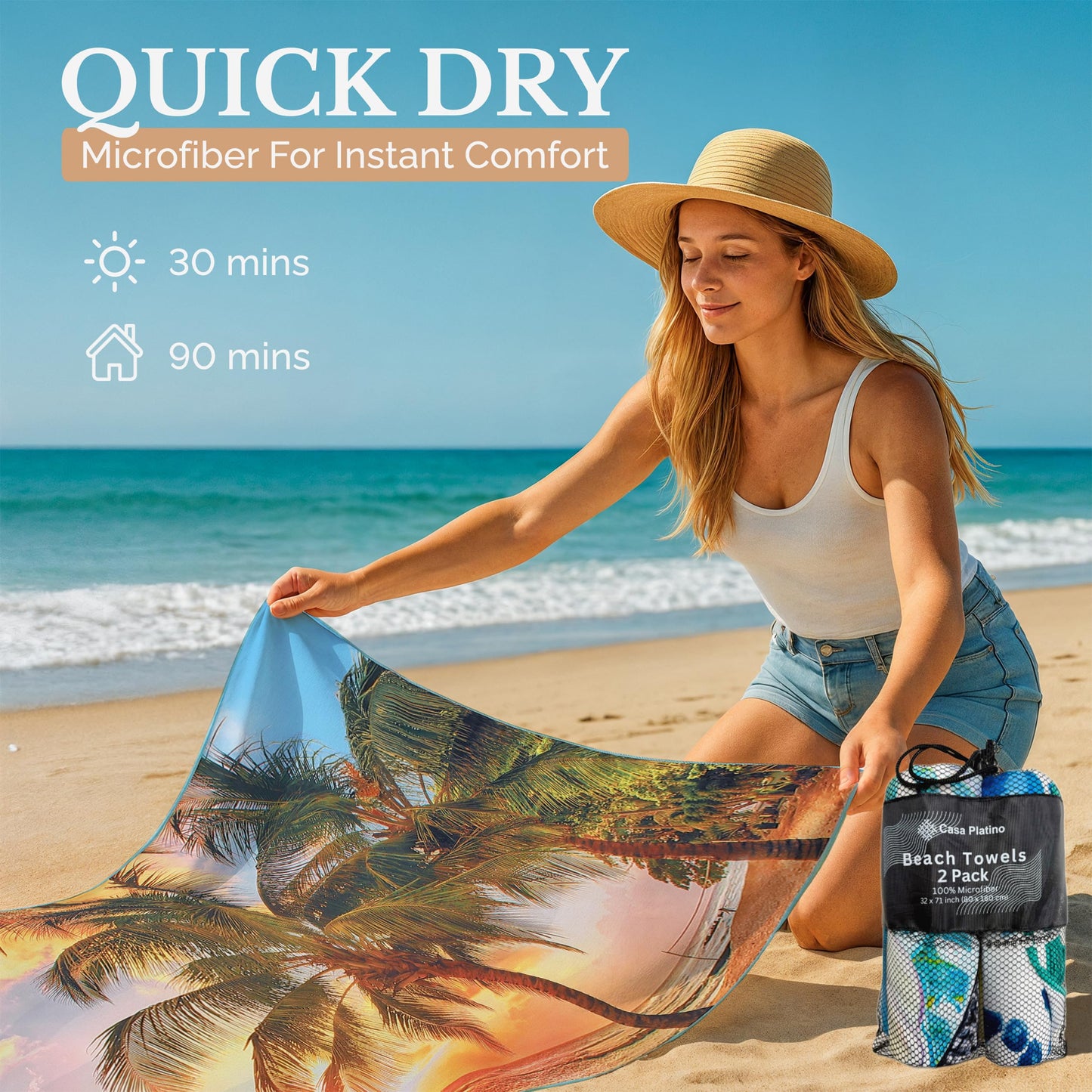 Casa Platino 2-Pack Microfiber Beach Towels – Extra Large 71"x32" Lightweight, Sand-Free, Quick-Dry – Travel, Swim, Pool, Yoga