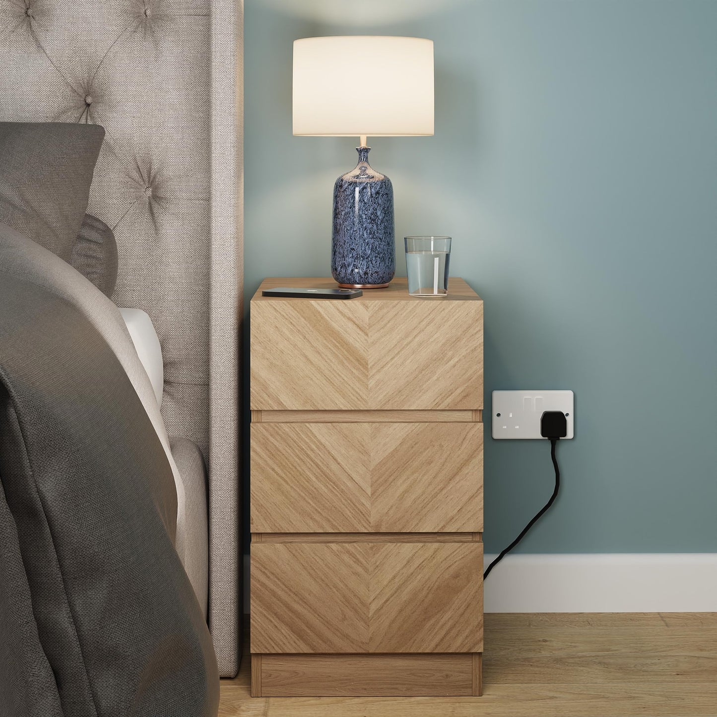 GFW Catania Pair of bedside Drawers, Chest Of Drawers Sideboard Cabinet, Modern Herringbone Design Wood Effect Finish Bedroom Furniture Storage Chest,