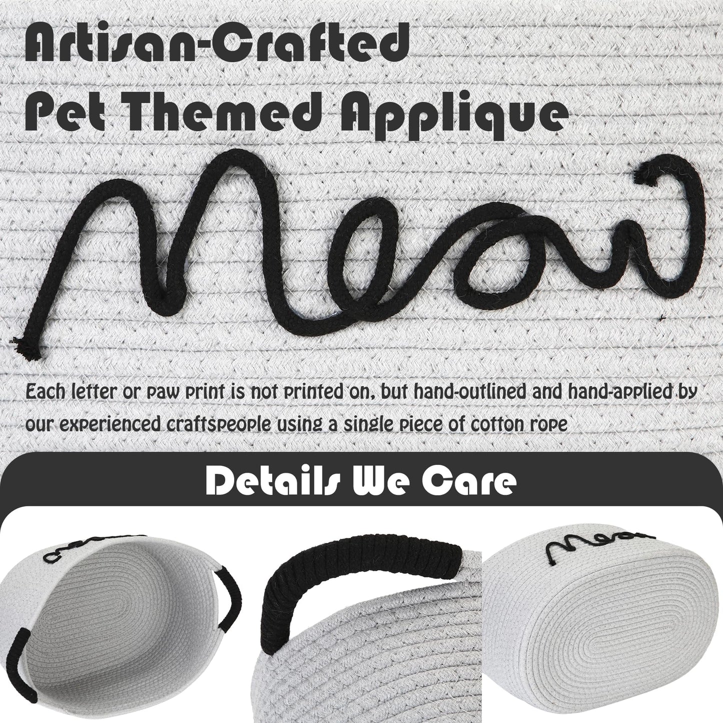Sea Team Grey Cotton Rope Cat Toy Storage Basket Meow Print with Handles