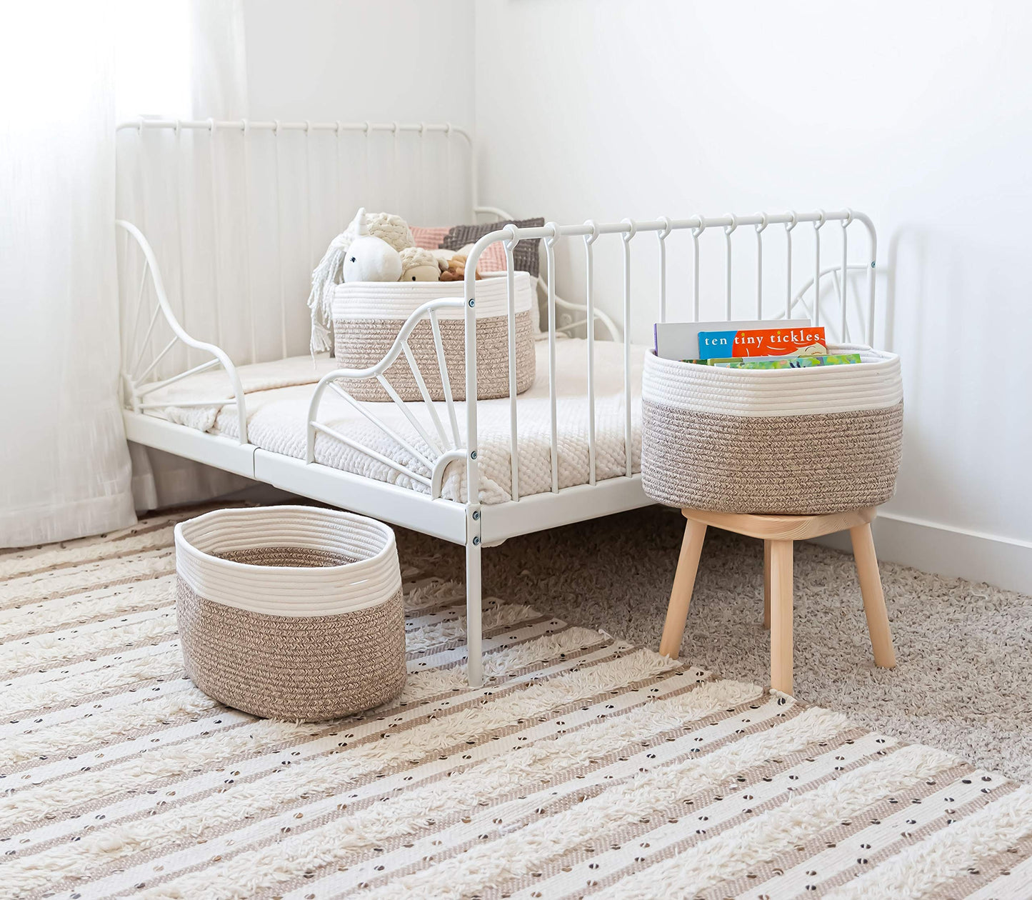 OrganiHaus Set of 3 Bathroom Storage Baskets for Shelves, Cotton Rope Basket for Towels, Toys, Baby Items, White & Brown Blanket Organizer