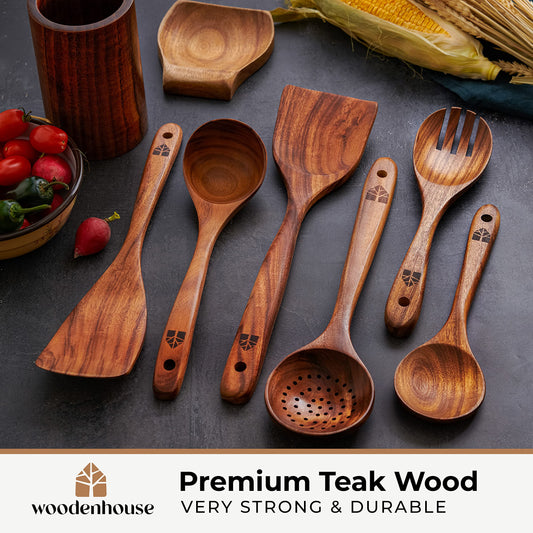 Wooden Spoons for Cooking Wooden Utensils for Cooking Set with Holder, Spoon Rest & Hanging Hooks, Teak Wood Nonstick Kitchen Cookware Durable Set