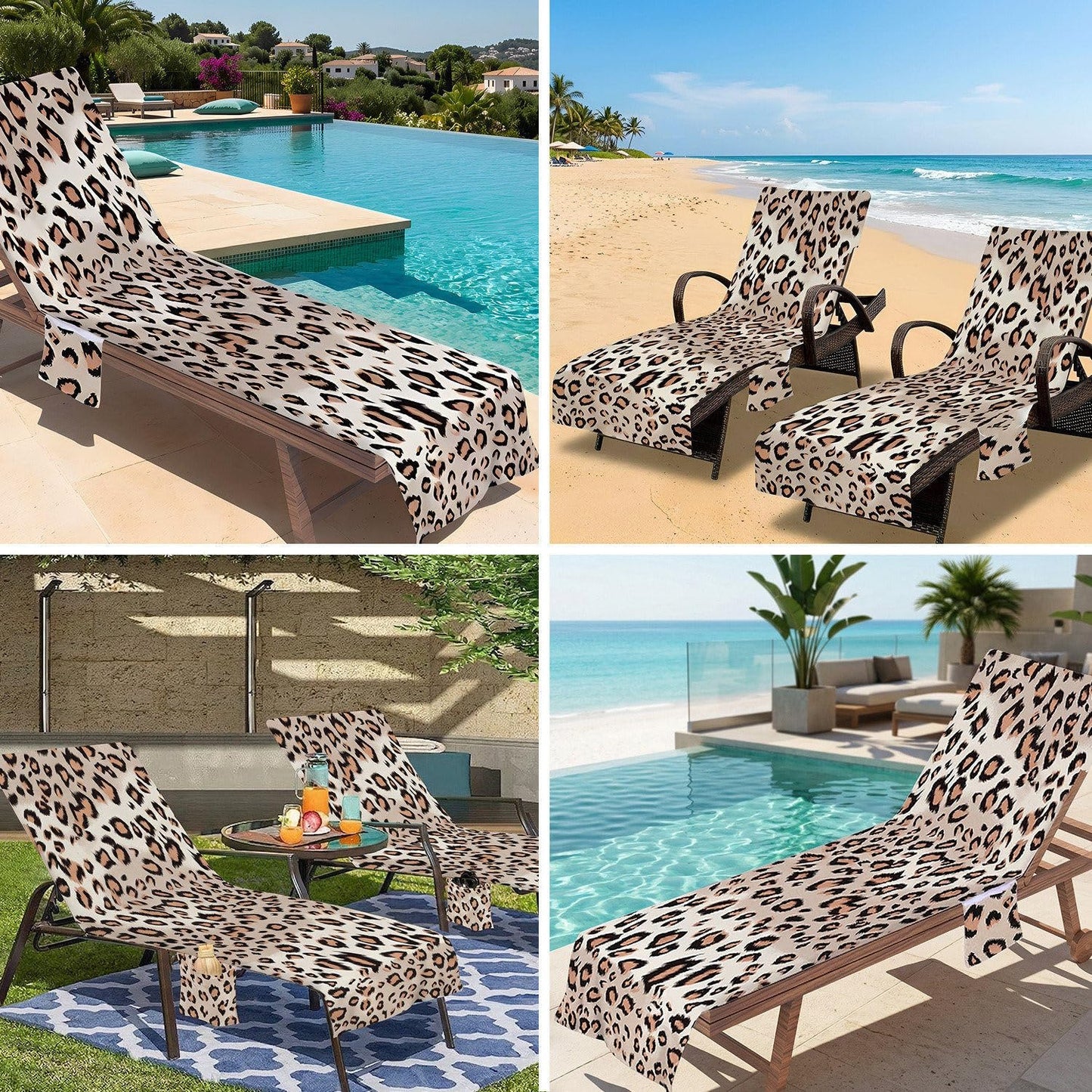 Surwin Sun Lounger Towel with Pockets, Leopard Print Beach Towel Chair Cover Sunbed Towels Lounger Bag for Summer Holiday Outdoor Garden Pool