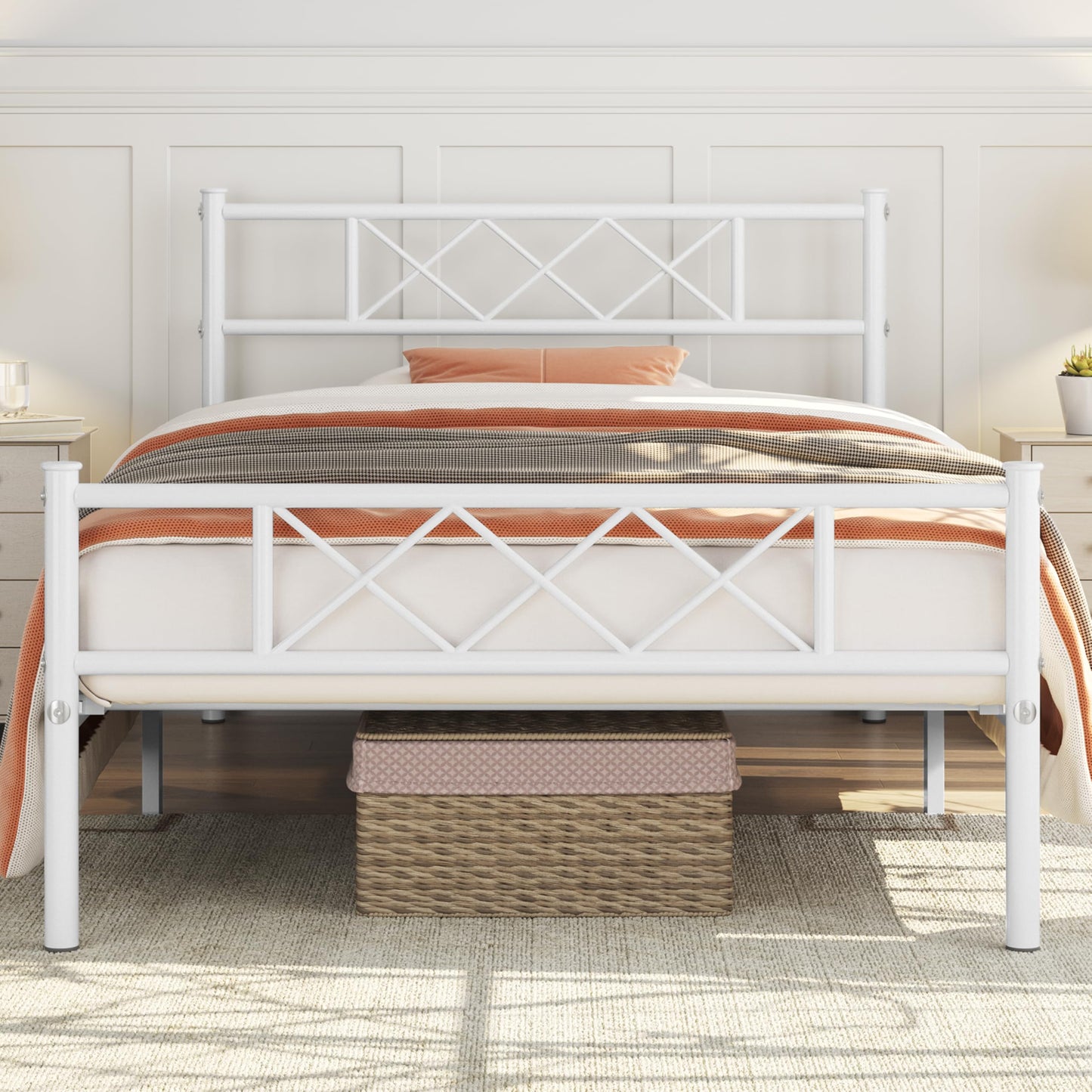 Yaheetech 3ft Single Bed, Metal Bed Frame Mattress Foundation with Cross-design Headboard & Footboard, Slatted Bed Base for Teenagers/Adults, White