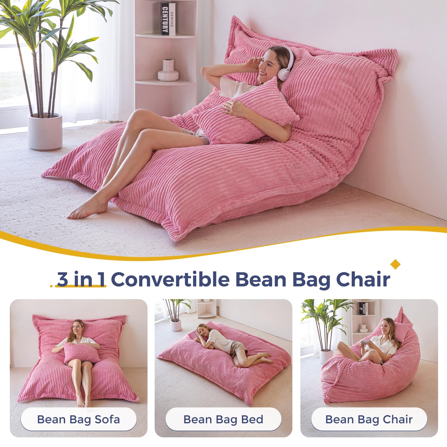 MAXYOYO Giant Bean Bag with Pillow, Soft Corduroy Removable Cover, Large Floor Cushion with Fluffy Foam Filling, BeanBag Chair for Adults & Kids