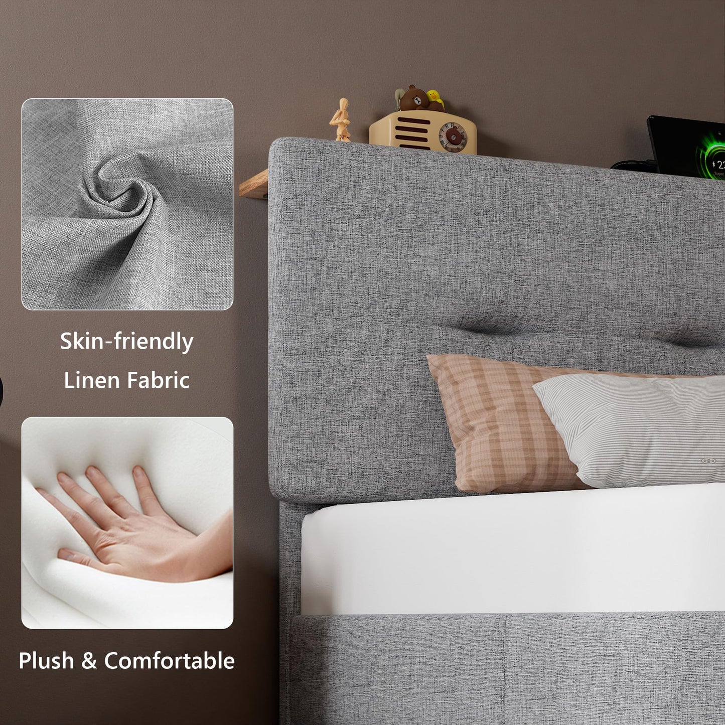 Feonase 3ft Single Bed Frame with Storage Linen Headboard, Upholstered Single beds with Charging Station, Sturdy Wooden Slat Support, Easy Assembly